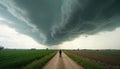 A man stands on a dirt road facing approaching storm. Dramatic sky fills frame with dark clouds. Rural landscape with fields on Royalty Free Stock Photo