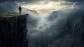 A man stands on the edge of an abyss. Generative AI, Royalty Free Stock Photo