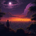 A man stands on the edge of a cliff overlooking a bustling city skyline at night, pixel art