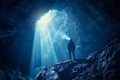 a man stands at the end of a cave, illuminated by bright light Royalty Free Stock Photo