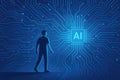 Man facing an AI chip on a glowing blue digital circuit board with binary code artificial intelligence Royalty Free Stock Photo