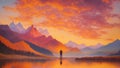A man stands in the foreground gazing at a majestic mountain warm sunsetsky is a vibrant tapestry Royalty Free Stock Photo