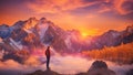 A man stands in the foreground gazing at a majestic mountain warm sunsetsky is a vibrant tapestry Royalty Free Stock Photo