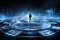A man stands in front of a circular structure, looking towards the camera, Science-fiction cyberspace with interactive holograms