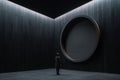 a man stands in front of a circular wall in a dark room