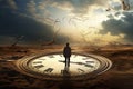 A man stands in front of a clock, as birds fly around, creating a serene and unique moment, Human life is not taking time for