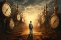 A man stands in front of a cluster of clocks, observing the synchronized ticking hands, Human life is not taking time for granted