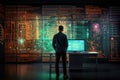 A man stands in front of a computer monitor, focusing on the screen, data analysis digital emgineer data code programer sourcing Royalty Free Stock Photo