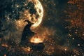 A man stands in front of a full moon, holding a lantern, A witch stirring a bubbling cauldron of potion under a full moon Royalty Free Stock Photo