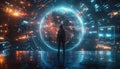 A man stands in front of a glowing orb that is surrounded by a blue by AI generated image Royalty Free Stock Photo