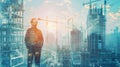 Man stands in front of high rise buildings under construction Royalty Free Stock Photo