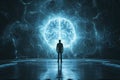 Man stands in front of a huge brain, connect to artificial intelligience, explosion of ideas, brainstorming for solutions,