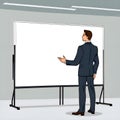 A man stands in front of an interactive whiteboard