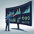 A man stands in front of a large curved monitor displaying various data visualizations, including Royalty Free Stock Photo
