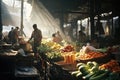 A man stands in front of a market with lots of fruit and vegetables, AI