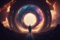 A man stands in front of a portal to outer space. AI generative Royalty Free Stock Photo