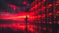 A man stands in front of a red wall of computer servers Royalty Free Stock Photo