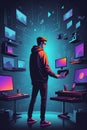 Man Standing in Front of Wall of Computer Monitors. Generative AI. Royalty Free Stock Photo