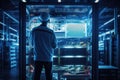 A man stands in front of a server in a busy server room, Portrait of smiling female technician in server room, AI Generated