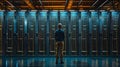 A man stands in front of the server racks. Rear view. AI Generated. Royalty Free Stock Photo
