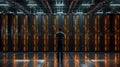 A man stands in front of the server racks. Rear view. AI Generated. Royalty Free Stock Photo