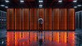 A man stands in front of the server racks. Rear view. AI Generated. Royalty Free Stock Photo