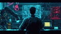 A man stands in a futuristic control room, facing a large digital display filled with complex blueprints and data