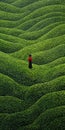 Endless Lawn: A Mind-bending Painting Of A Person Amidst Green Mountains