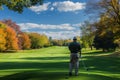 A man stands on a green golf course, holding a golf club, A golfer analyzing the fairway before the tee shot, AI Generated Royalty Free Stock Photo