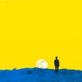 A man stands on a hilltop his silhouette against the moonlit sky gazing out at the vast landscape Royalty Free Stock Photo