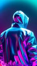 A man stands with his back in a halographic neon jacket with a hood.