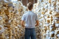 Man Standing Amidst Towering Stacks of Paper Documents in Archive Royalty Free Stock Photo