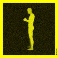 Man stands on his feet. 3D Human Body Model. Black and yellow grainy design. Stippled vector illustration