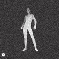 Man stands on his feet. 3D model of man. Black and white grainy dotwork design. Stippled vector illustration