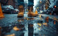 Man stands in his work boots on wet city street Royalty Free Stock Photo