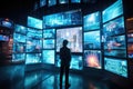 A man stands before a massive wall adorned with multiple television screens, Cyber-communication shown through a series of