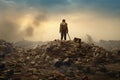 a man stands in the middle of the dead earth on a pile of garbage