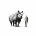 Minimalist Ink Wash Illustration Of Man And Rhinoceros