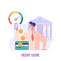 Man stands with mobile and checks the credit score. Concept of banks, dispensing money, credit report, mortgage, payment history, Royalty Free Stock Photo