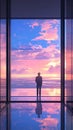 Man stands modern building floor-to-ceiling windows overlooking sunset ocean illustration Royalty Free Stock Photo