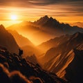 Man stands on mountain path with glorious sunset