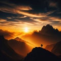 Man stands on mountain path with glorious sunset