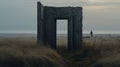 Door To Nowhere: A Captivating Photo Of A Muted Seascape With A Mysterious Door