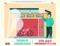 Man stands near garage with opening door and bicycle. Storage space for bike, room for transport Royalty Free Stock Photo