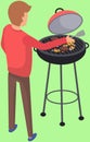 Man stands near grill and prepares meat. Male cook fries barbecue food. Guy cooking, grilling steaks Royalty Free Stock Photo