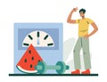 Man stands near scales, dumbbells and watermelon, chooses proper nutrition Royalty Free Stock Photo