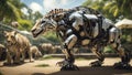 a man stands near two white and black robots on dirt