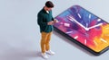 A man stands next to a giant smartphone displaying a colorful clock face, symbolizing the intersection of technology and time Royalty Free Stock Photo