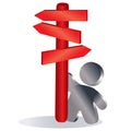 Man stands next to a red pillar with pointers in different directions, symbol, isolated object on a white background, vector