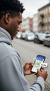 Young man using smartphone to track online order shipment on urban street Royalty Free Stock Photo